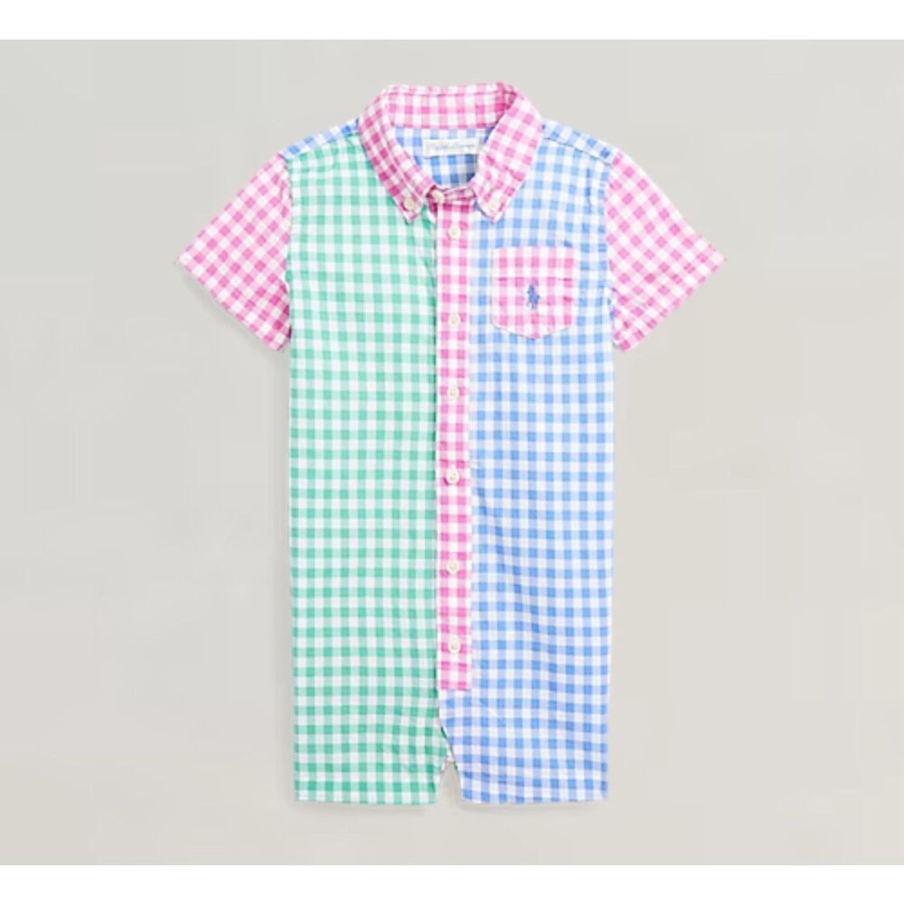 Ralph Lauren Gingham Cotton Poplin Fun Shortall Size 6M Baby Pastels Unisex
